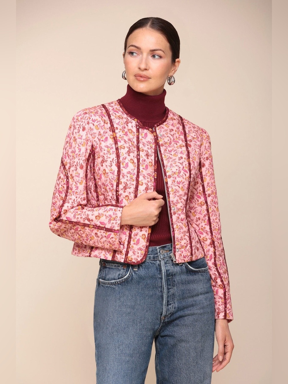 Anthropologie l Avec Les Filles l Pink Floral Quilted Crop Blazer